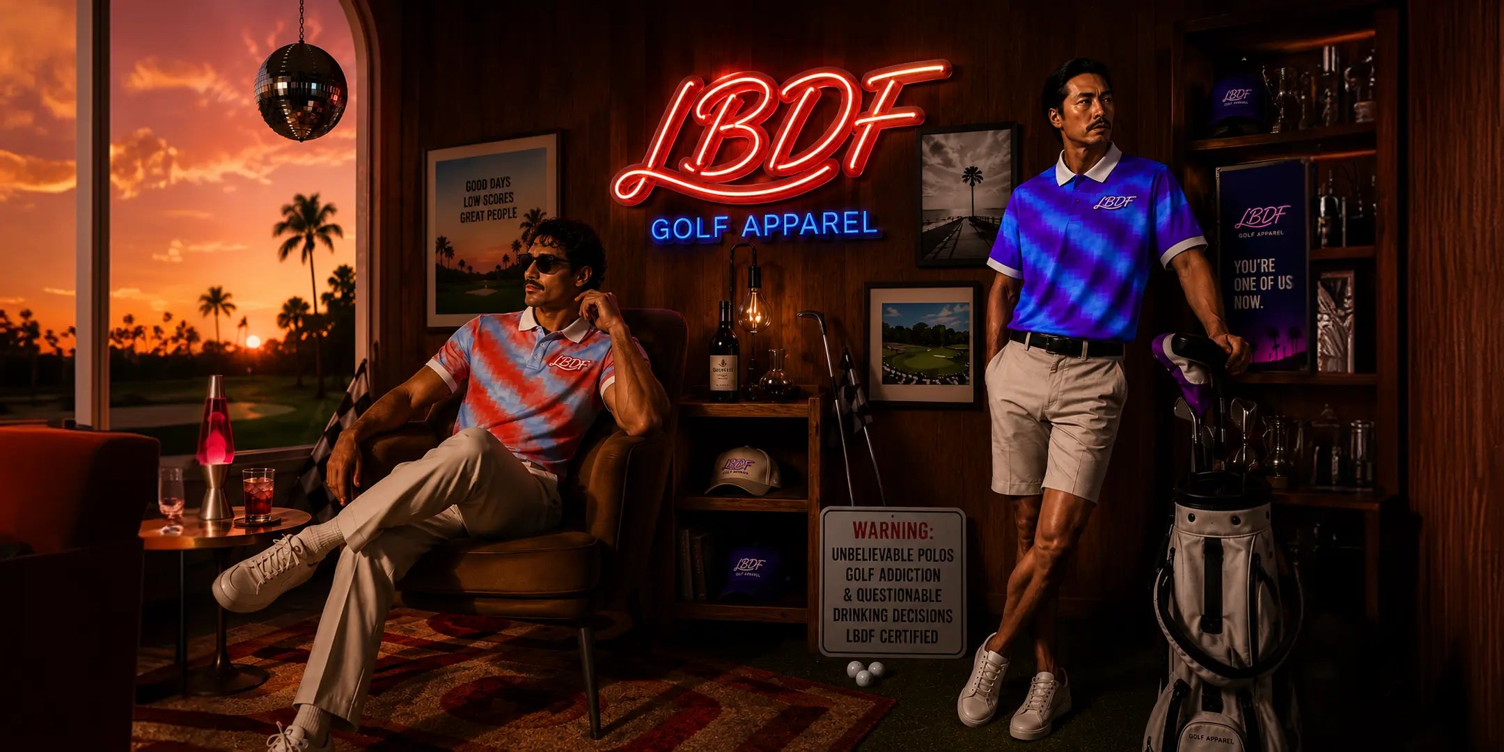 Two men in golf attire standing in a room with 'LBDF Golf Apparel' neon sign.