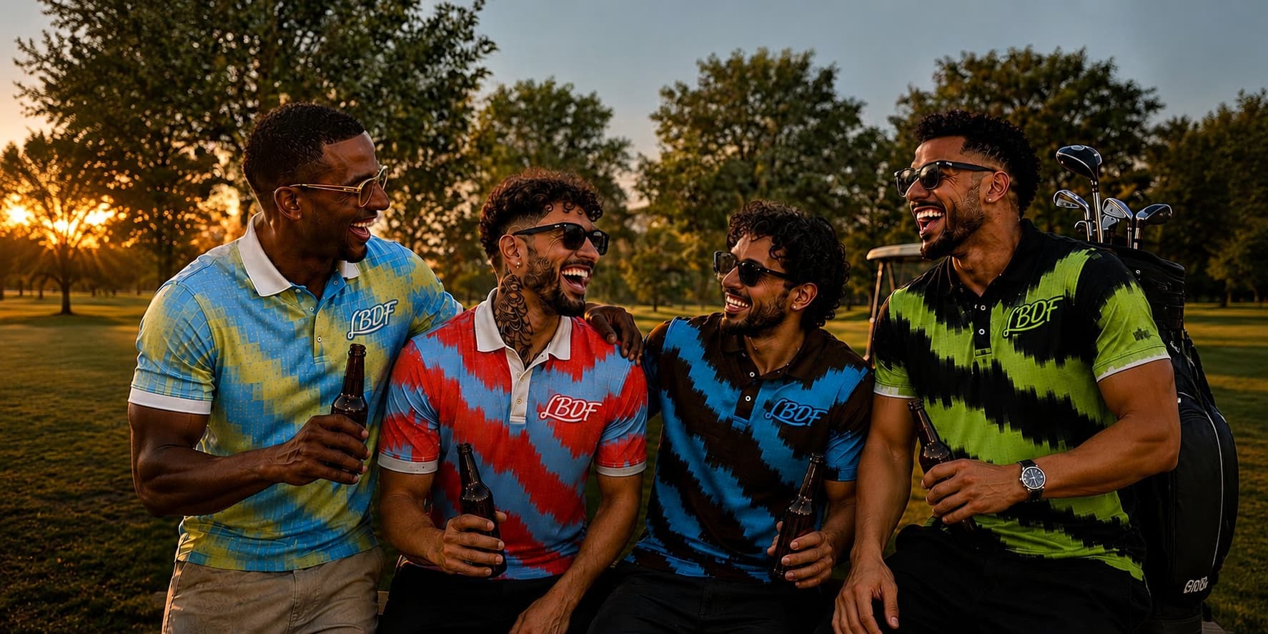 Four men sitting outdoors at sunset, holding drinks and smiling.