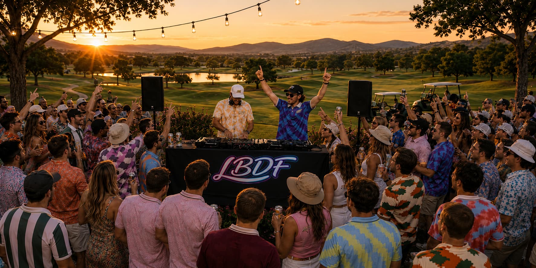 DJ set up at a music festival with 'LBDF' branding, people dancing, and sunset in the background.