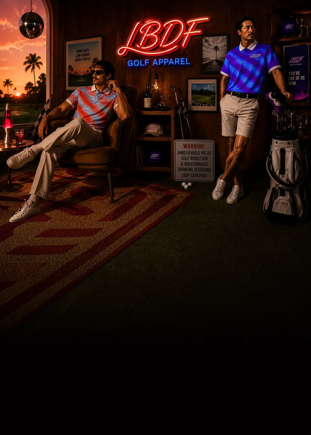 Two men in a golf-themed room with neon signs and golf equipment.