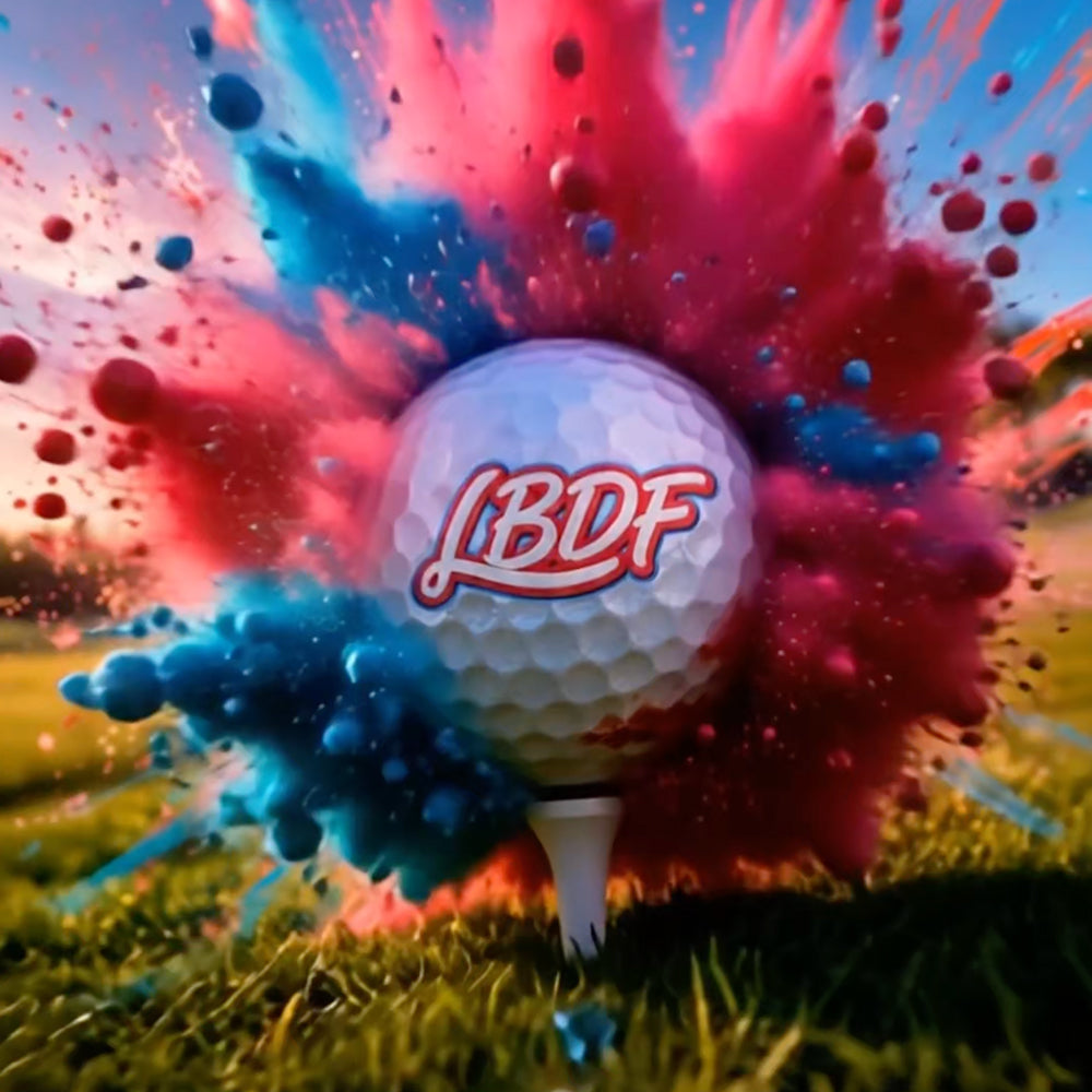 Golf ball with a colorful explosion effect on a grassy background