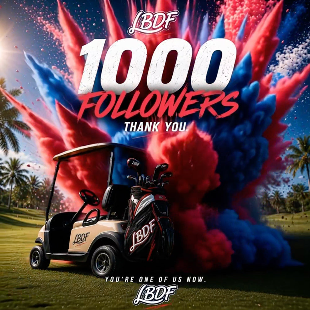 Golf cart with colorful smoke effects and 'LBDF' branding on a grassy field.