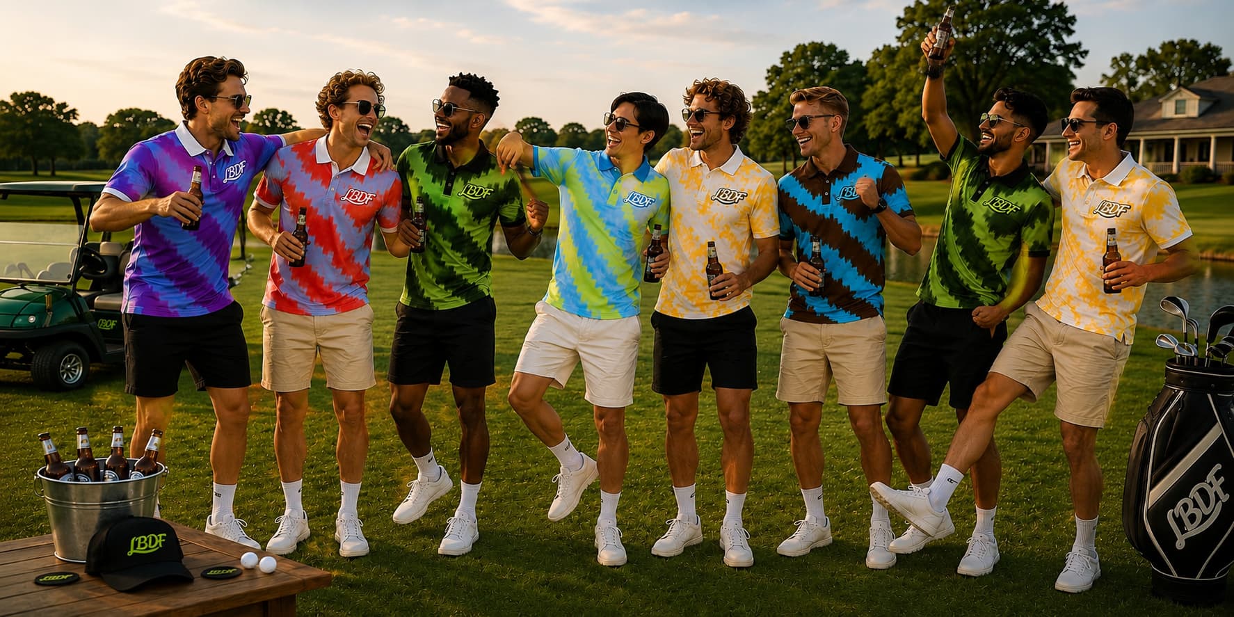 Group of men in colorful polo shirts standing on a golf course with beer bottles.